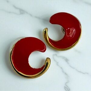 Vintage Trifari Signed Red Enamel Crescent Hoop Earrings